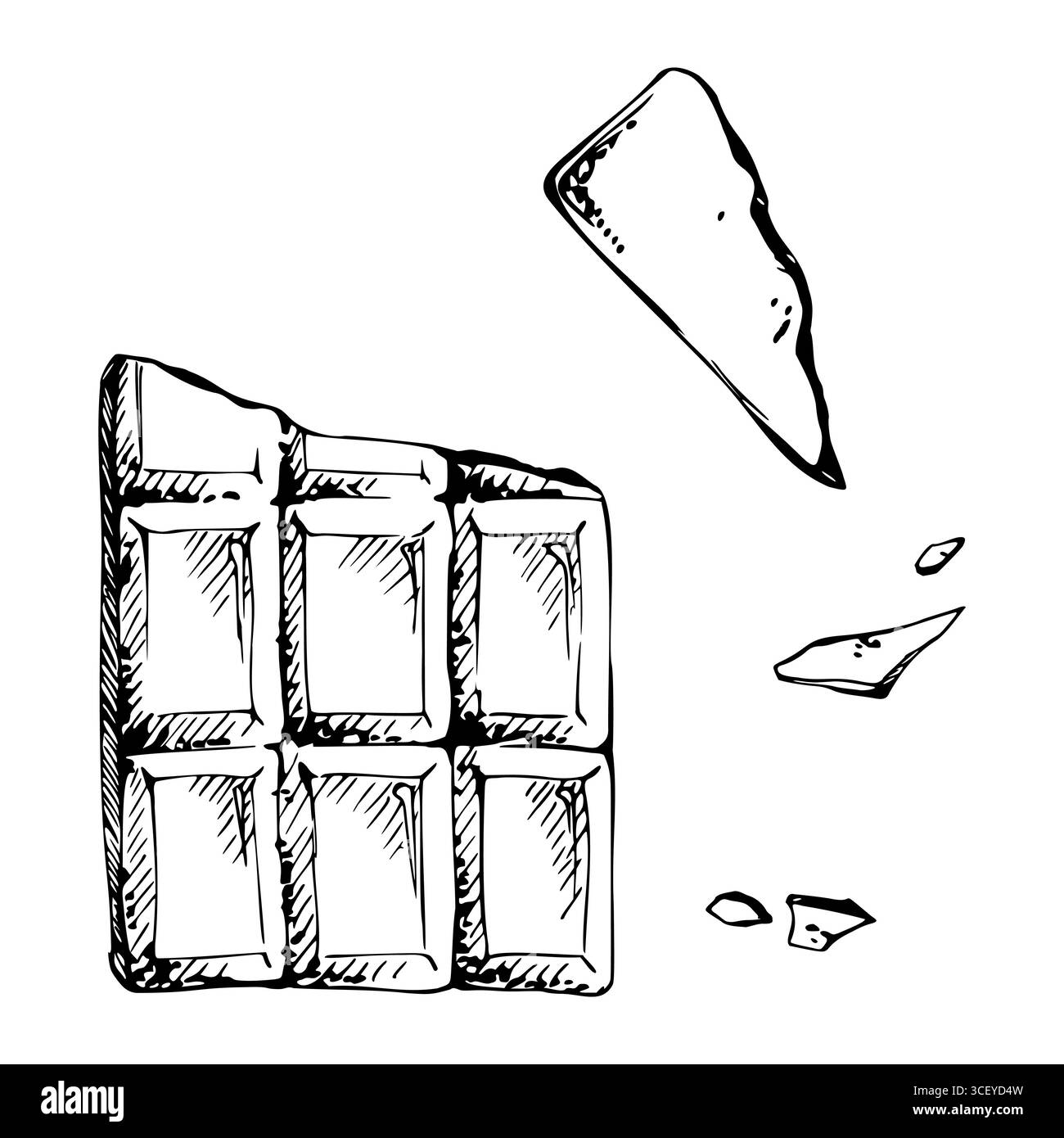 Bruchstücke Chips von ungewickelter Milchschokolade mit quadratischen Segmenten. Grafische Abbildung handgezeichnet in Vektortinte. Dessertgarnitur, Party Stock Vektor