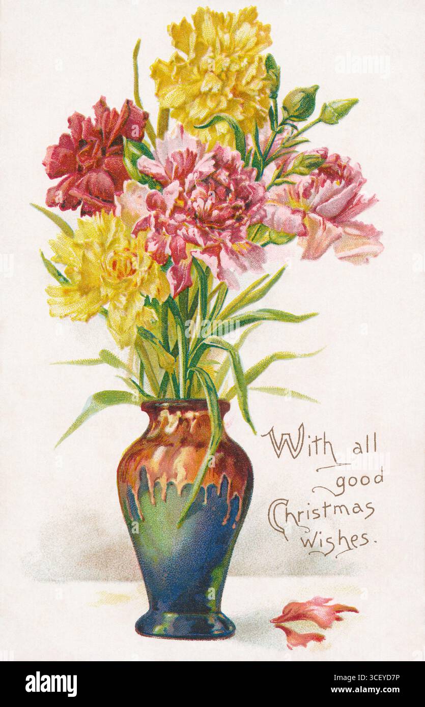 Postkarte mit geprägten Weihnachtsgrüßen aus edwardianischer Zeit, die eine Vase mit Blumen zeigt und die Botschaft „With all good Christmas wishes“ (mit allen guten Weihnachtswünschen) enthält. Stockfoto