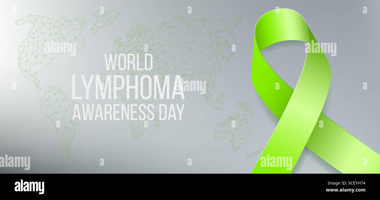 Konzept des Welt-Lymphom-Awareness-Day. Banner mit Lime Ribbon Awareness, Text und Weltkarte. Vektorgrafik. Stock Vektor