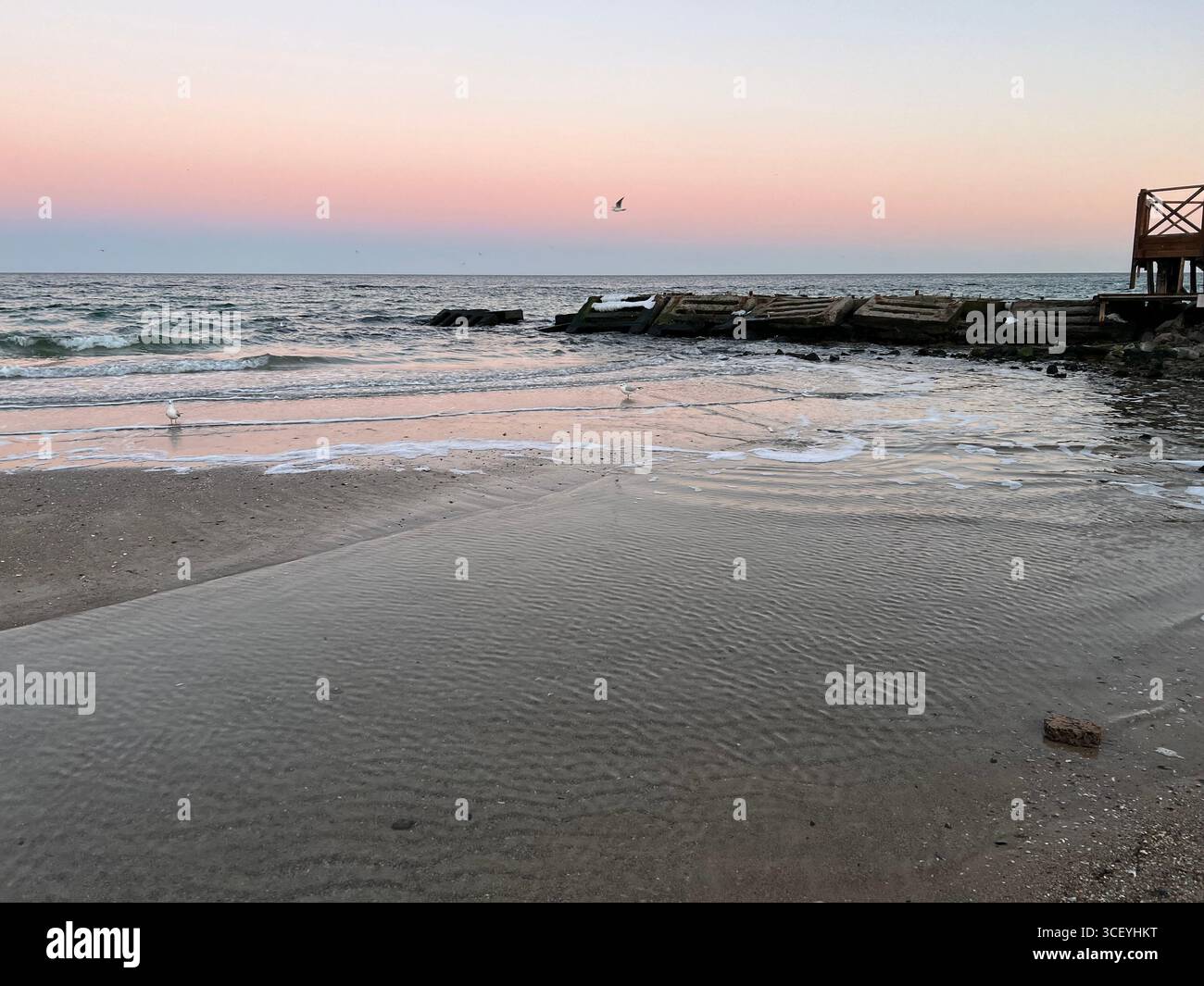 Ein sanfter rosafarbener Sonnenuntergang am Strand des Schwarzen Meeres, der sich vom rosa bis zum blauen Himmel erstreckt Stockfoto