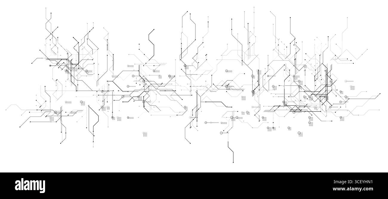 Schwarz-weiß-Hintergrund des digitalen Schaltungs-Chips, Prozessornetzwerk. KI-Neuralsystem-Textur. Technisches Muster für Cyber-Datenfluss. Künstliche Intelligenz Stock Vektor