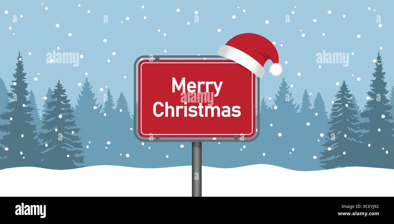 frohe weihnachten Platzschild in verschneite Winterlandschaft Vektor-Illustration Stock Vektor