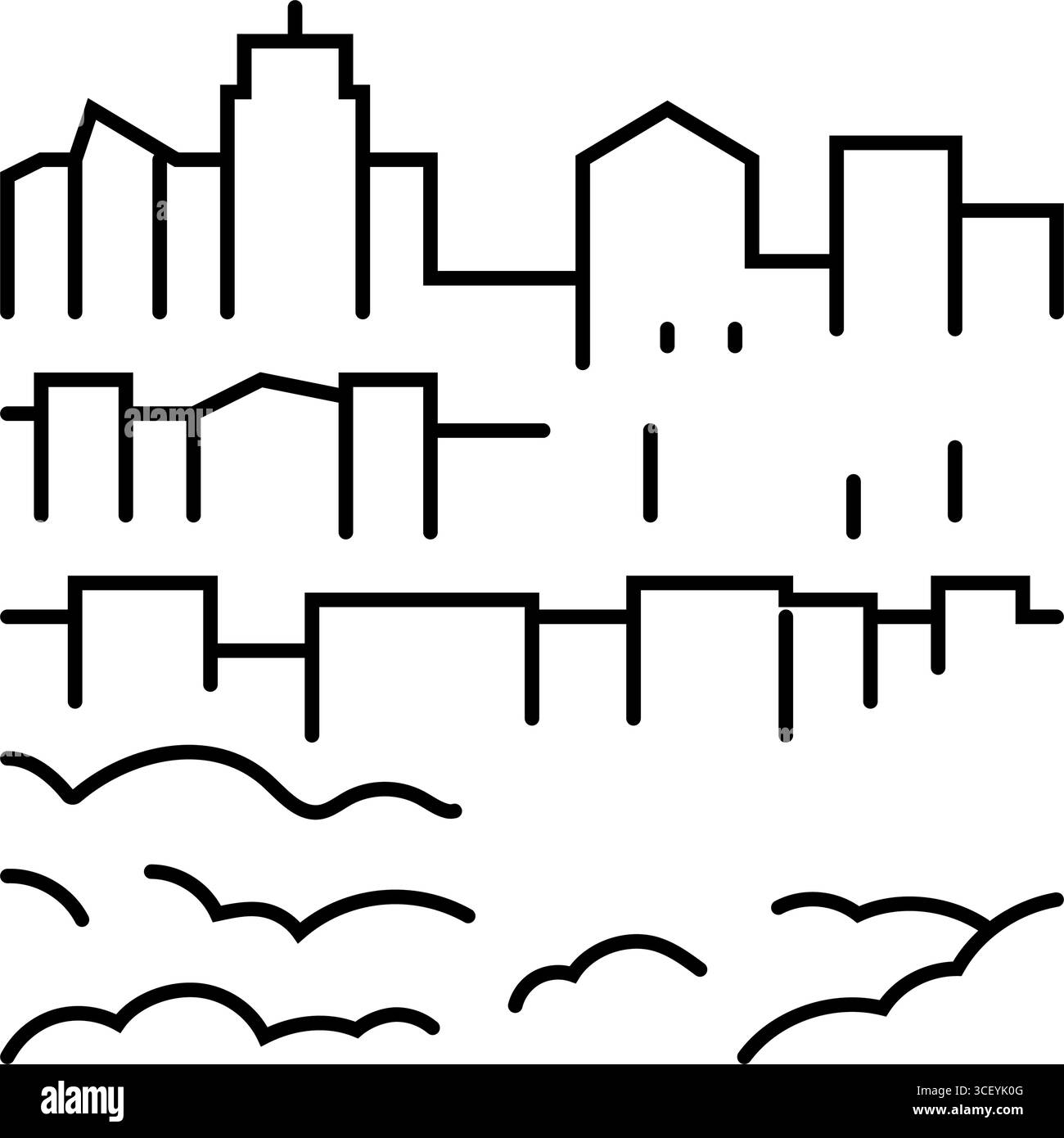 Skyline der Stadt unter dichtem Dunst Luftverschmutzung Linie Icon Illustration Stock Vektor