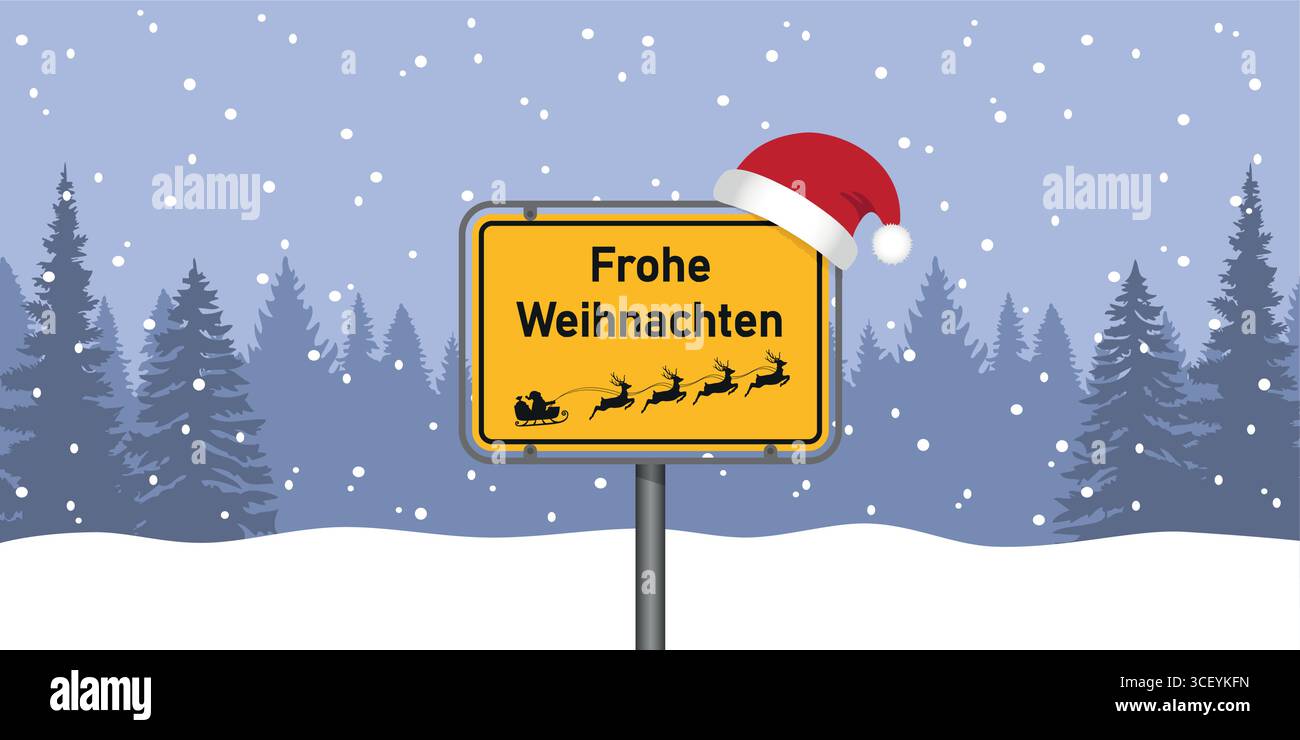 Platzieren Sie Schild mit deutschem Text Frohe weihnachten in der verschneiten Winterlandschaft Vektor-Illustration Stock Vektor