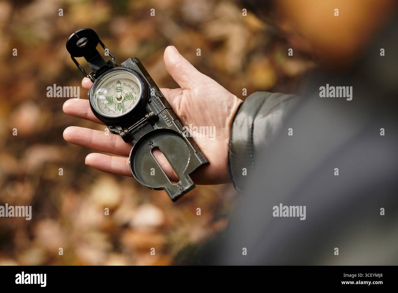 Eine ältere Frau hält einen Kompass in der Hand, während sie durch die ruhige Waldatmosphäre navigiert. Stockfoto