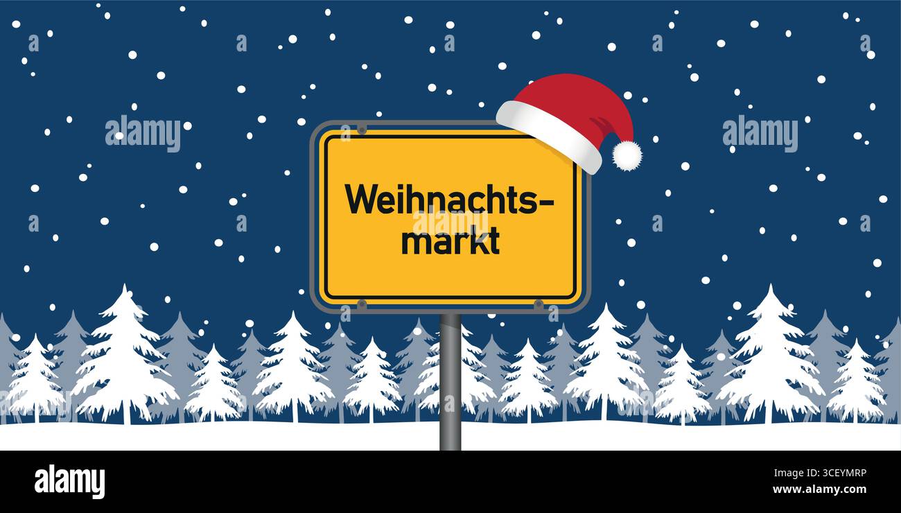 Platzieren Sie Schild mit deutschem Wort weihnachtsmarkt in der verschneiten Winterlandschaft Vektor-Illustration Stock Vektor