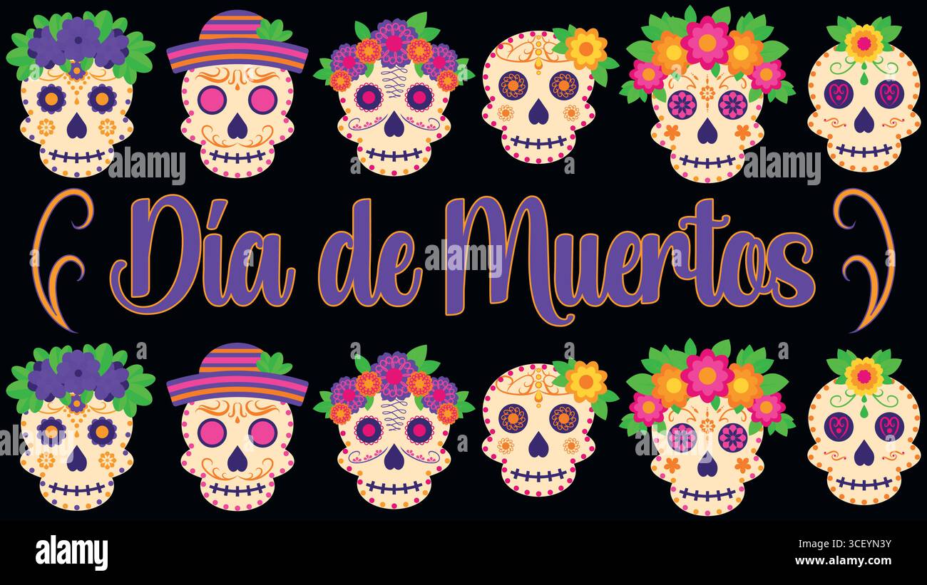 Dia de Muertos Banner Bunte Zuckerschädel mit Blumen mexikanischer Tag der Toten Illustration Stock Vektor