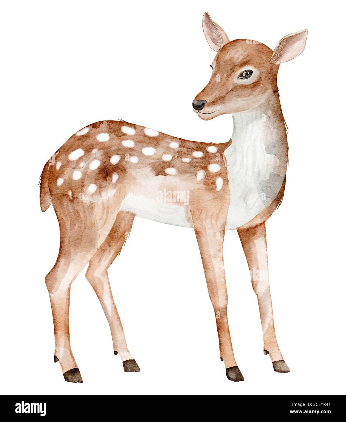 Fawn mit gepunktetem Mantel in Aquarell. Illustration von Waldhirsch für Babyparty-Grußkarten oder kindliche Einladungen. Kunst des Waldtiers für Kinderplakate. Skizze des Säugetierjungen. Stockfoto
