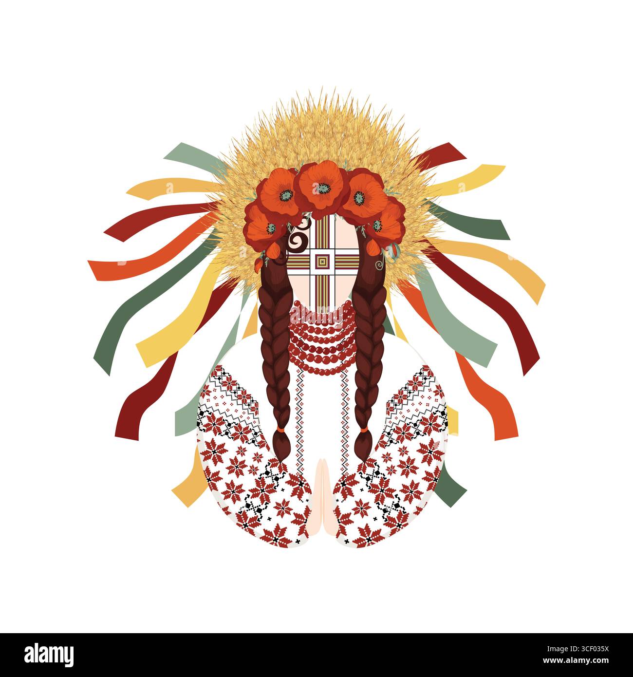 Motanka-Puppe, eine Frau, die in einer nationalen, gestickten ukrainischen Tracht und einem Kranz aus Mohn und Weizenohren gekleidet ist, betet, traditionelles ukrainisches Amulett Stockfoto