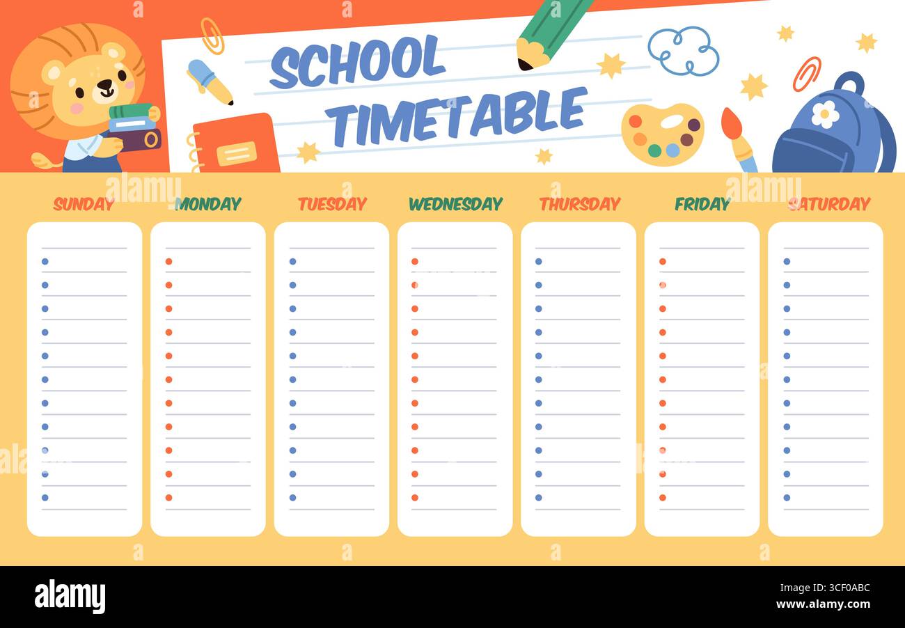 Niedliche Tiere Schulplan. Lustiger kleiner niedlicher Löwenschüler mit Büchern, Lektion Wochenzeitplaner Vorlage, Zeitplan für Kinder Design, leeres Textfeld Stock Vektor