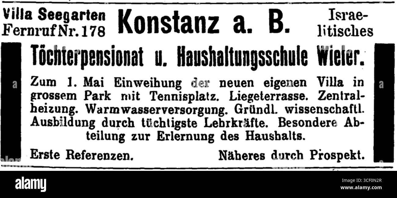 1916 Werbung für das Töchterpensionat und die Haushaltsschule Wieler in Konstanz. Die Anzeige zeigt die neue Villa mit Terrasse, Zentralheizung und Warmwasserversorgung sowie einen großen Park mit Tennisplatz. Stockfoto