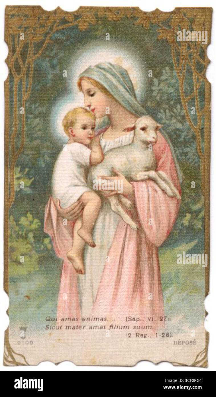 Dieses Kunstwerk aus der Mitte des 20. Jahrhunderts zeigt die Madonna mit dem Kind, ein zentrales Thema der christlichen Kunst. Die Jungfrau Maria hält das Jesuskind und betont mütterliche Liebe und Göttlichkeit, ein gemeinsames Thema in der sakralen Kunst der Zeit. Stockfoto