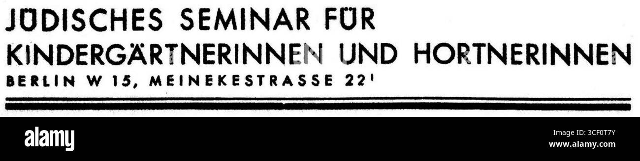 Der Briefkopf des Jüdischen Seminars für Kindergartenlehrer und Pflegende in Berlin, auch bekannt als Wolff-Seminar, geleitet von Dr. Lina Wolff (1897–1975). Stockfoto