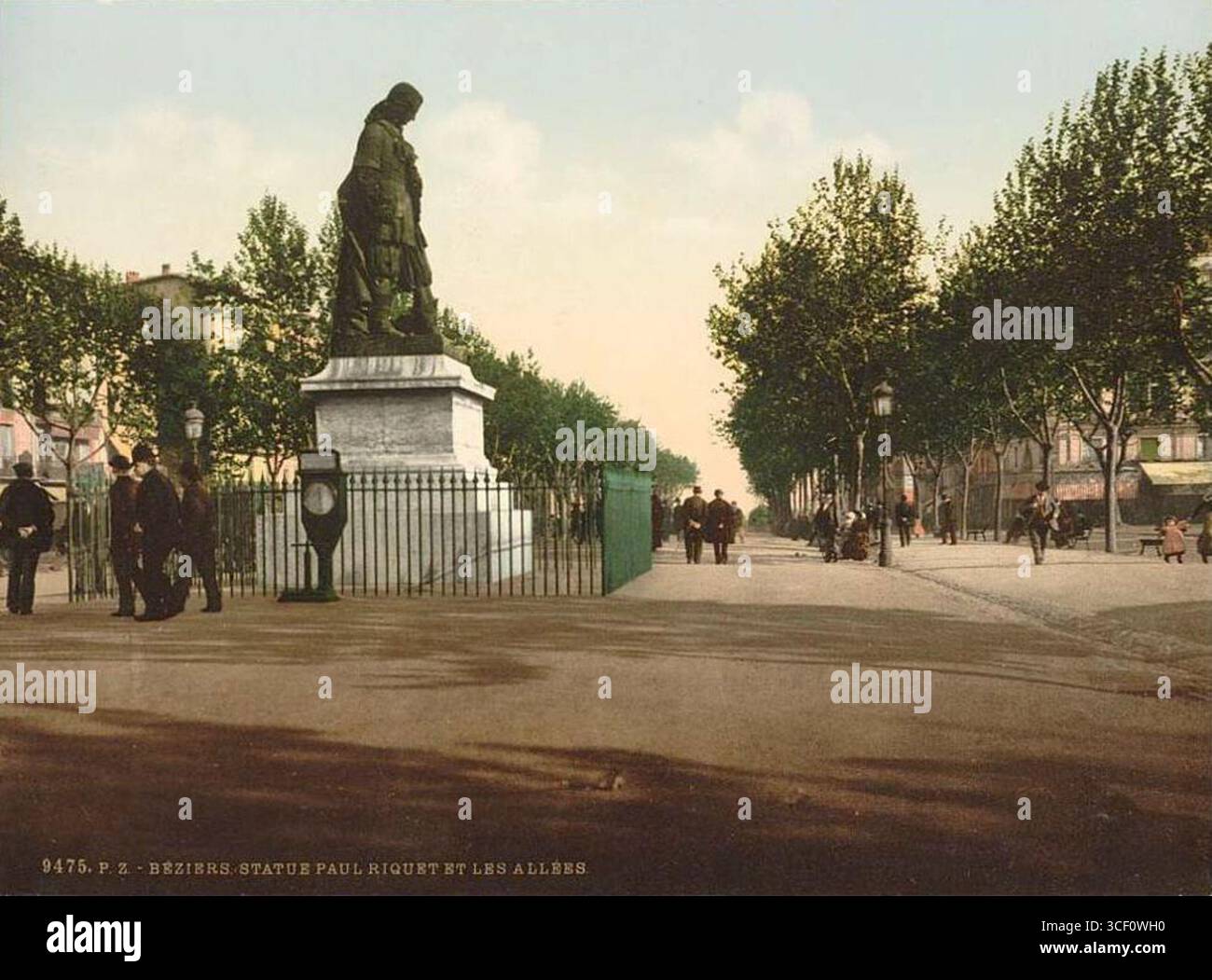 Eine Fotografie aus der Zeit um 1890, die die Statue von Paul Riquet in Béziers, Frankreich, zeigt. Die Statue steht in der Allées, einer großen öffentlichen Promenade der Stadt. Stockfoto