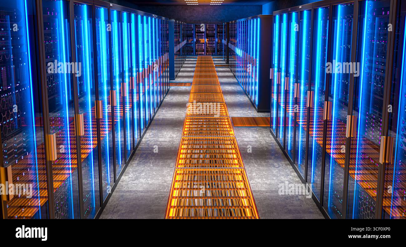 Moderne Server-Racks, die das Rechenzentrum erstrahlen 3D Stockfoto