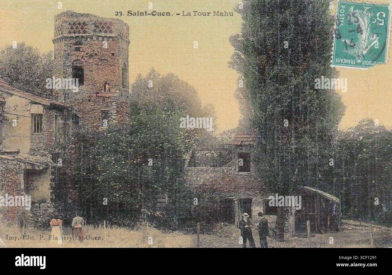 Ein Foto von Tour Mahu in Saint-Ouen, aufgenommen im Jahr 1914, das diesen berühmten Turm und seine architektonischen Merkmale während des frühen 20. Jahrhunderts zeigt. Stockfoto