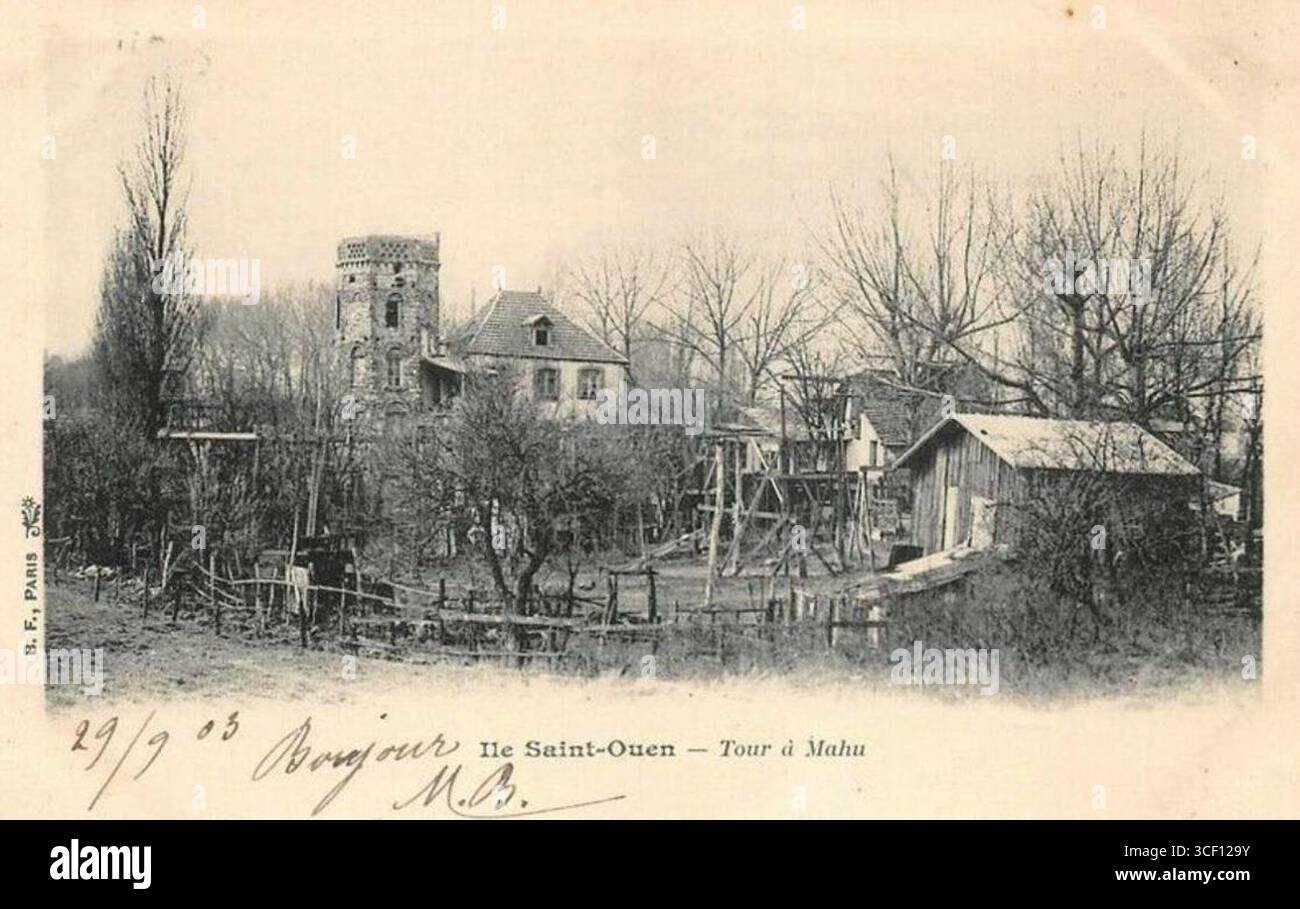 Die Tour Mahu auf der Île Saint-Ouen, die zwischen 1900 und 1910 aufgenommen wurde, bietet einen Blick auf diesen markanten Turm und seine Lage auf der Insel in der seine. Stockfoto