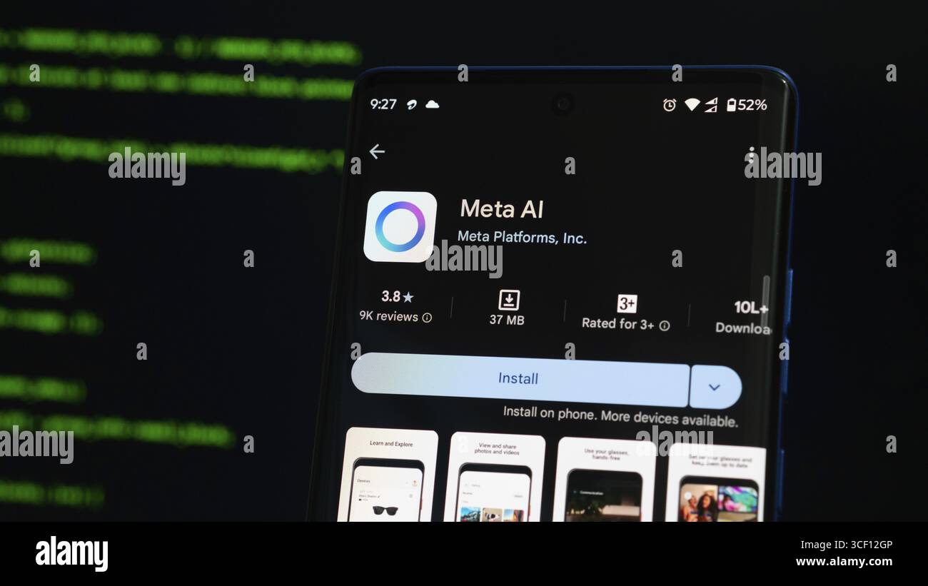 Bildschirm der Meta-AI-App auf dem Smartphone mit Installationsoptionen Stockfoto