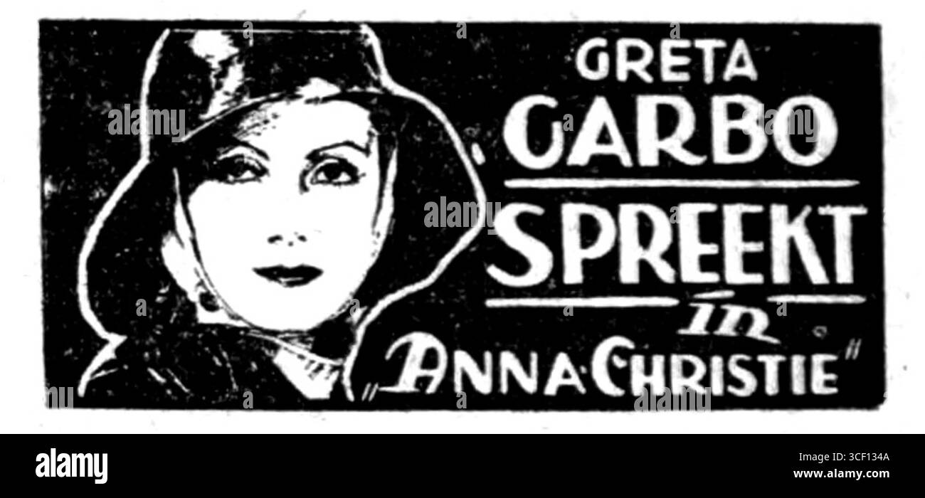 Diese Werbung wirbt für das Stück „Anna Christie“, das am 4. Januar 1931 in der niederländischen Zeitung „Algemeen Handelsblad“ erschien. Die Werbung konzentriert sich auf die Förderung einer Theatervorstellung. Stockfoto