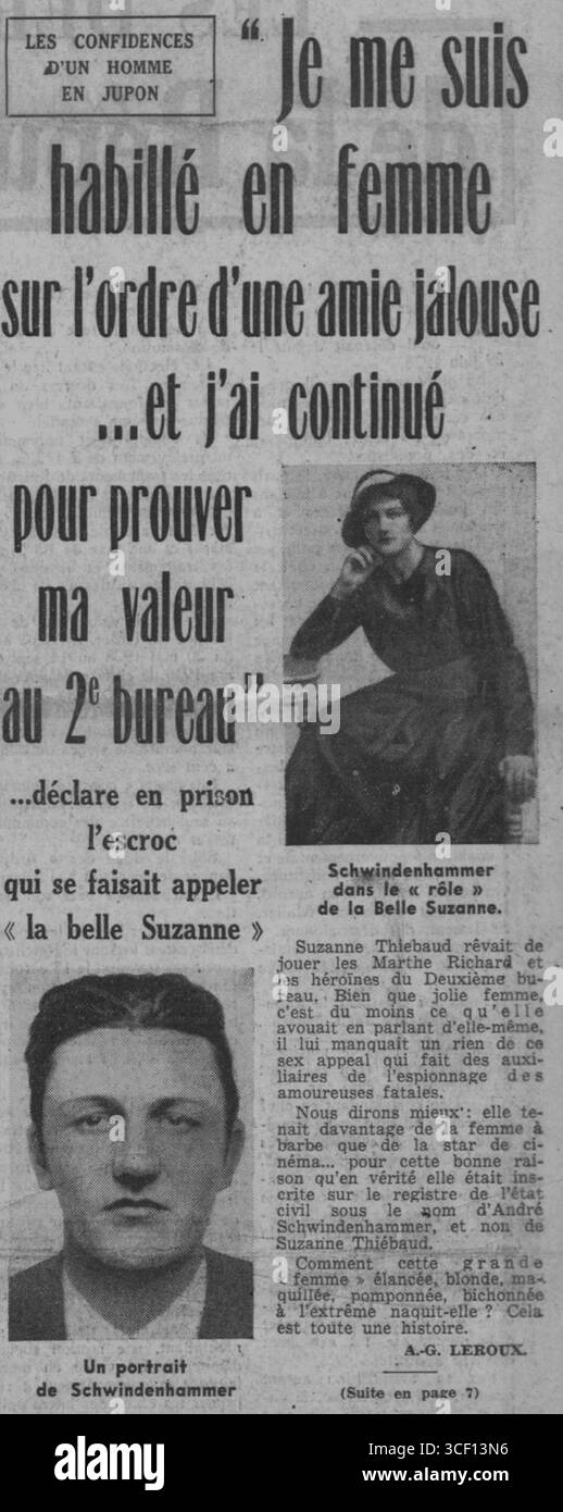 Ein artikel aus Paris-Soir vom 5. Januar 1939 mit Fotografien von Marie-Andrée Schwindenhammer. Der artikel wurde auf Seite 1 veröffentlicht und bietet Einblicke in die französische Gesellschaft während dieser Zeit. Stockfoto