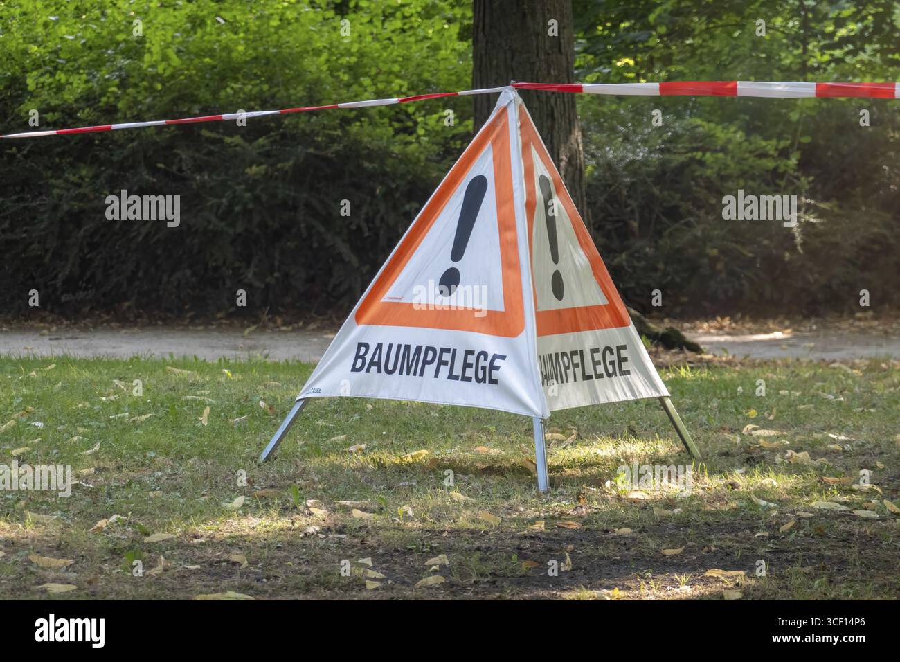 Dreieckiges Warnschild mit Ausrufezeichen und Baumpflege-Aufschrift, die auf Wartungsarbeiten in einem Park hinweist Stockfoto