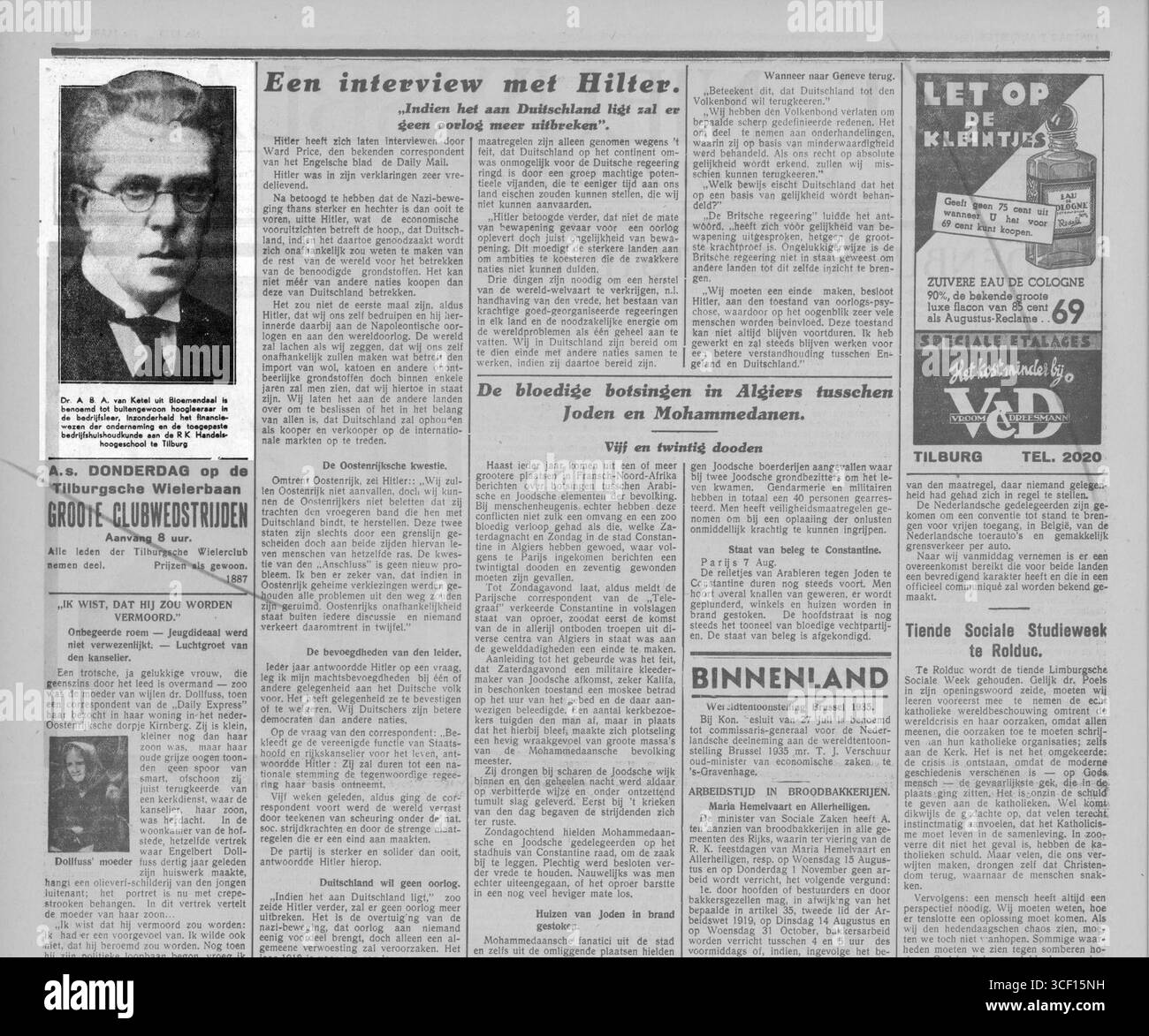 1934 wurde Dr. A. B. A. van Ketel von Bloemendaal zum außerordentlichen Professor für Betriebswirtschaftslehre an der Katholischen Handelsschule Tilburg ernannt. Dieses Bild enthält den historischen Kontext mit lokalen Nachrichtenberichten aus diesem Tag. Stockfoto