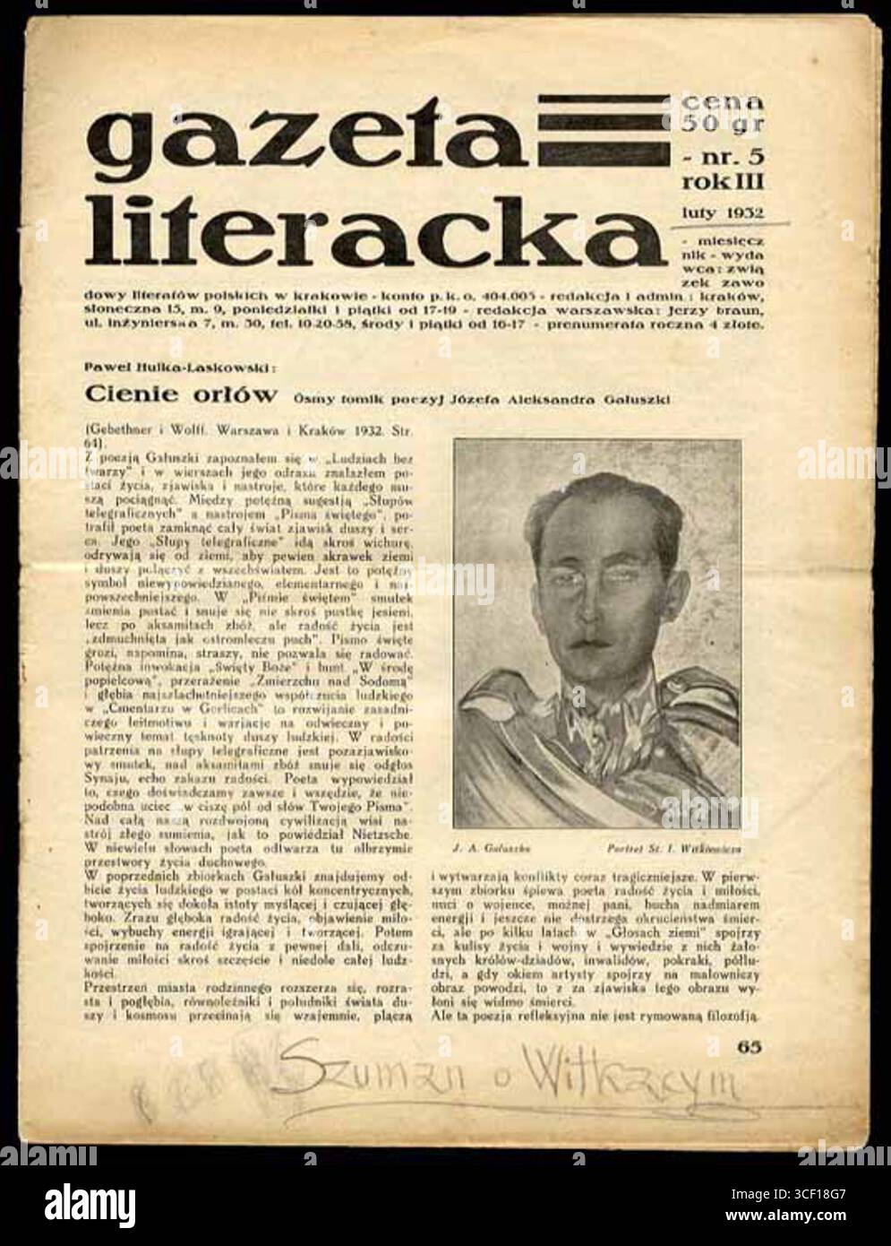 Dieses Cover von *Gazeta Literacka* im Februar 1932 zeigt eine Zeichnung von Józef Aleksander Gauszka von Stanislaw Ignacy Witkiewicz, einem prominenten polnischen Künstler und Schriftsteller. Stockfoto