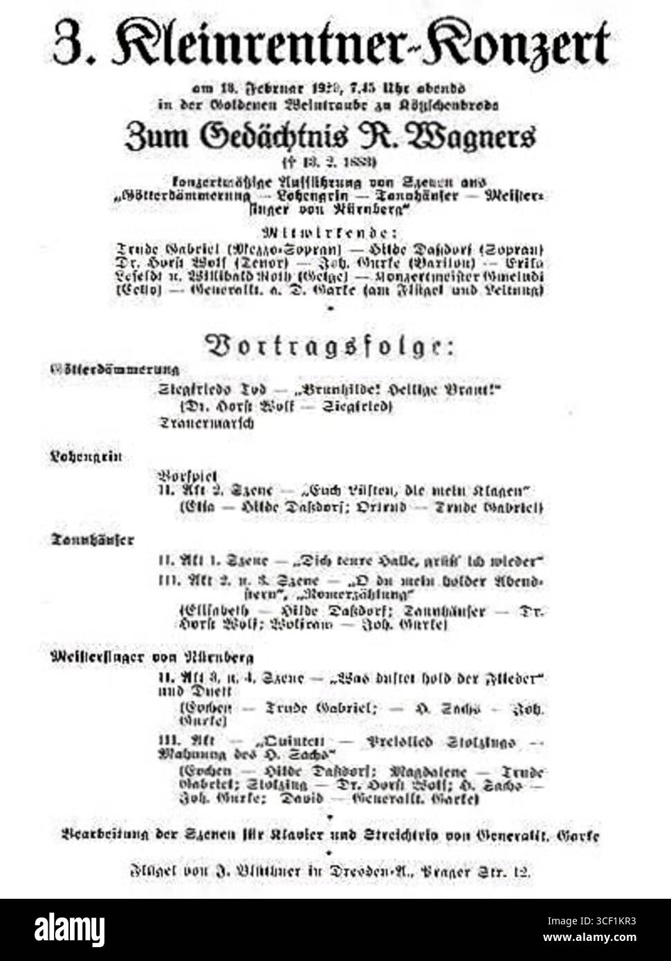 Programm für das 3. Kleinrentner Konzert am 13. Februar 1929 in Kötzschenbroda. Das Konzert war Teil einer Serie, die für Rentner und ältere Bürger organisiert wurde. Stockfoto