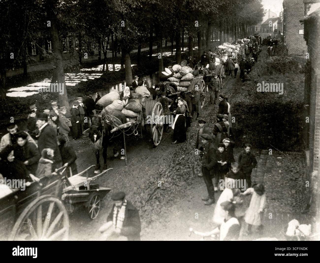 Belgische Flüchtlinge zwischen Stamproy und Weert, Niederlande, Oktober 1918, mit schwer beladenen Pferdewagen unterwegs. Zuschauer, darunter auch niederländische Soldaten, beobachten, wie die Wäsche im Hintergrund trocknet. Stockfoto