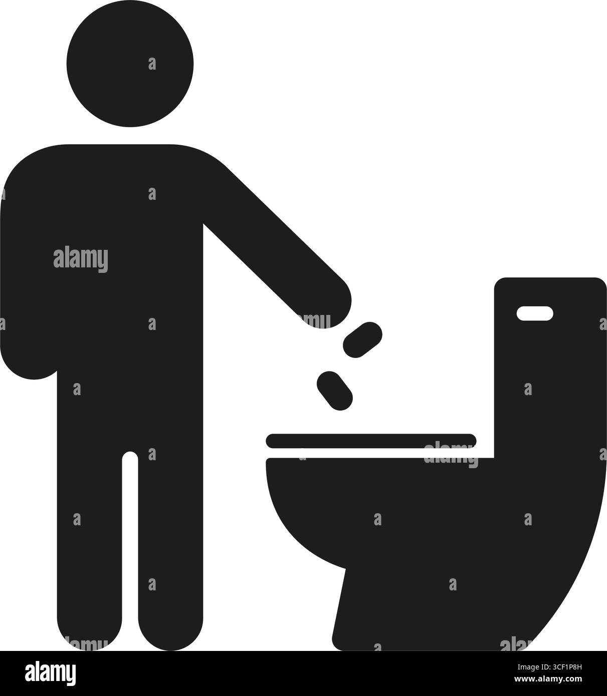 WC-Abfallentsorgung WC-Silhouette-Symbol. Person, die den Müll in die Toilettenschüssel wirft, Schild für Hygienevorschriften und solides Symbol für Toilettenettiquette. Isoliert Stock Vektor