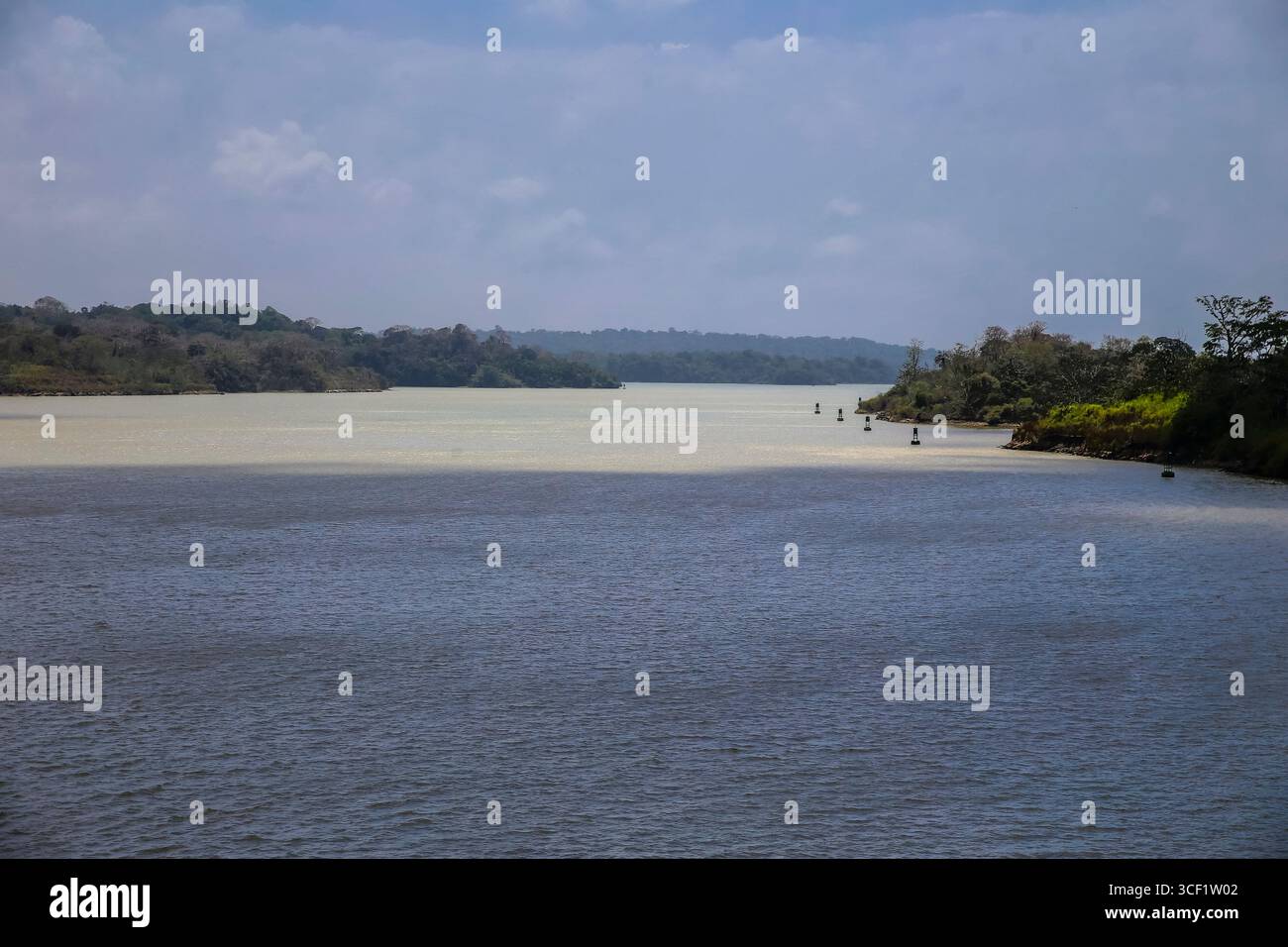 Malerische Ausblicke auf tropische Inseln und üppige Vegetation, die über den Gatun Lake, einem wichtigen Abschnitt des Panamakanals, verteilt sind. Stockfoto