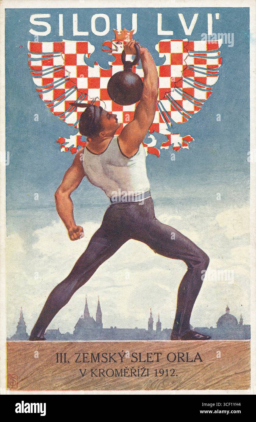 1912 fand in Kromeríž das III. Regionale Slet der ORL (tschechische Bruderorganisation) statt, an dem 1800 männliche und 460 weibliche Mitglieder teilnahmen, sowie Delegationen katholischer Sokol-Organisationen. Die Veranstaltung wurde von 25.000 Personen beobachtet. Stockfoto