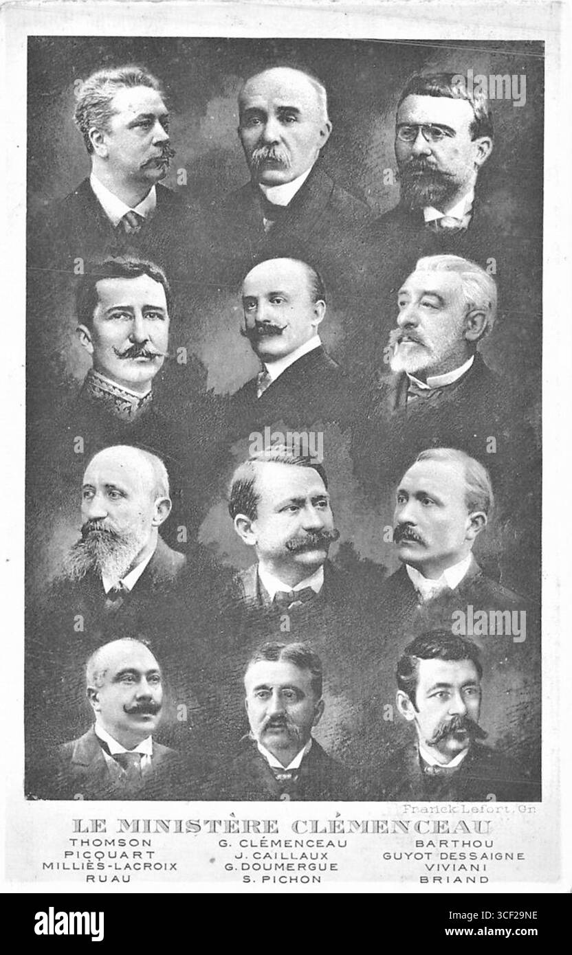 Die Clemenceau-Regierung von 1906 war eine entscheidende Rolle bei der Gestaltung der französischen Politik während des frühen 20. Jahrhunderts. Unter der Leitung von Georges Clemenceau konzentrierte sie sich auf soziale Reformen, militärische Stärke und nationale Stabilität in turbulenten Zeiten in Frankreichs Geschichte. Stockfoto