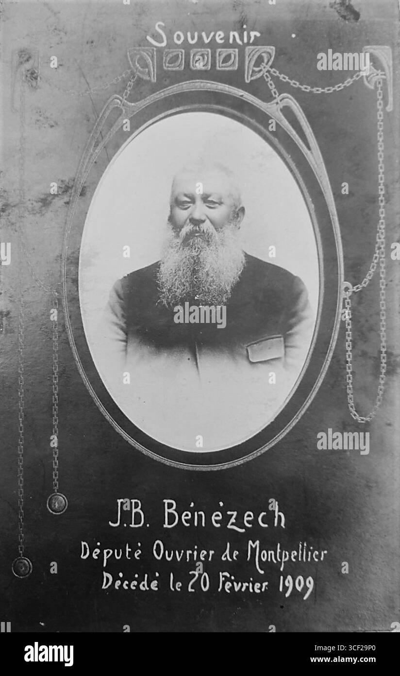 Jean-Baptiste Béné, ein französischer Politiker, wird mit einer Erinnerungskarte geehrt, die an seinen Tod am 20. Februar 1909 erinnert. Stockfoto