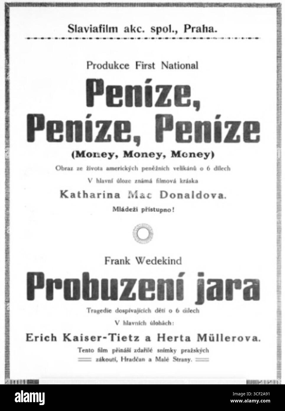 Ein tschechoslowakisches Filmplakat aus dem Jahr 1923 für den Film Frühlingserwachung. Das Design spiegelt den Stil des tschechoslowakischen Kinos aus dem frühen 20. Jahrhundert wider. Stockfoto