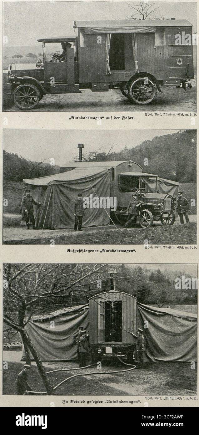 Ein deutscher Badewagen, um 1916, wurde auf dem Feld eingesetzt, um Soldaten während des Ersten Weltkriegs zu baden. Diese mobilen Einheiten waren für die Aufrechterhaltung von Hygiene und Moral während langer Kriegszeiten unerlässlich. Stockfoto