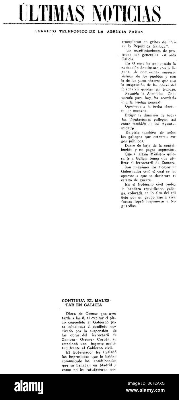 Am 27. Juni 1931 berichtete Diario de Gerona über anhaltende Unruhen in Galicien nach der Ausrufung der Galicischen Republik. Die Spannungen in der Region blieben angesichts der wachsenden Separatistenstimmung hoch. Stockfoto