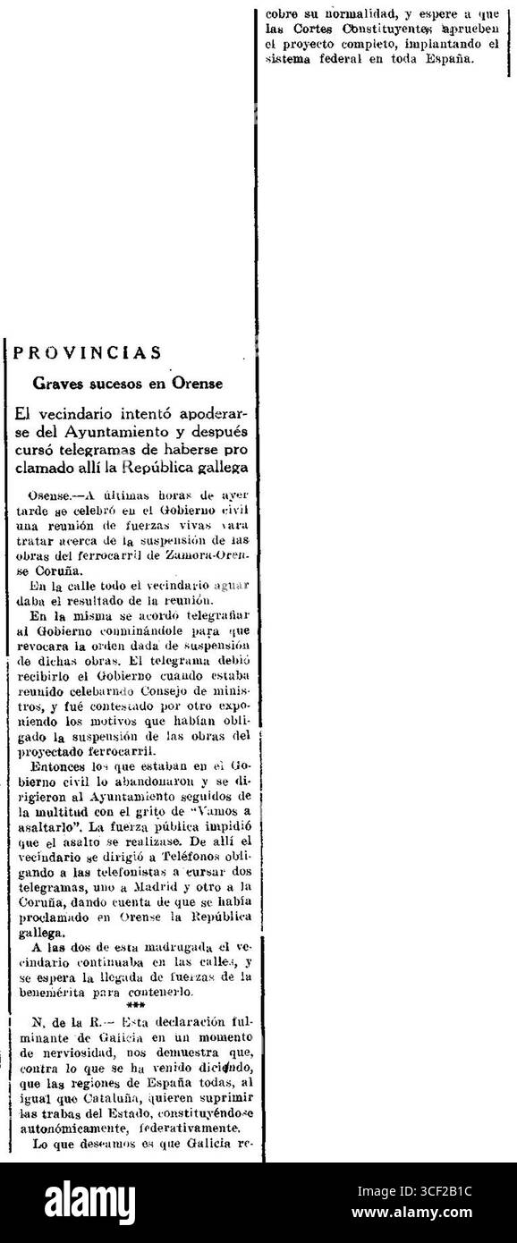Ein artikel von "El Autonomista" vom 25. Juni 1931 über die schweren Ereignisse in Orense, Galicien, Spanien, während der Proklamation der Galicischen Republik. Stockfoto