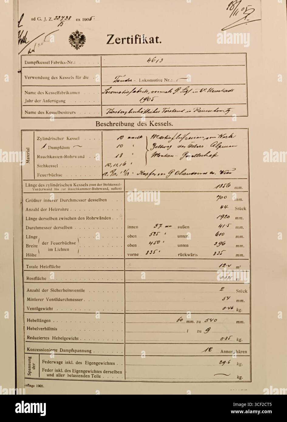 Eine weitere Ansicht der 1905er Lokomotive Nr. 4613 aus der Actiengesellschaft der Locomotivfabrik, die die Konstruktions- und Ingenieurmerkmale dieser dampfbetriebenen Maschine zeigt. Stockfoto