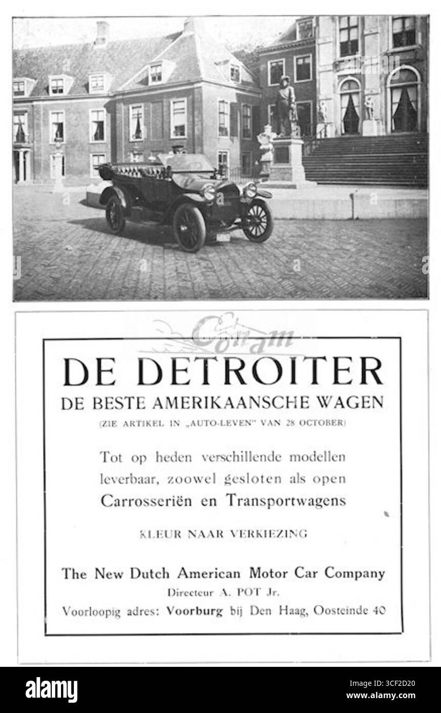 Eine Werbung aus dem Jahr 1914 für den Detroiter, eine US-amerikanische Automobilmarke, die an niederländische Verbraucher vermarktet wurde und die frühe Automobilvermarktung reflektiert. Stockfoto
