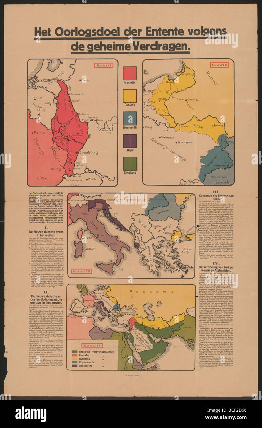 Ein Poster aus der Zeit des Ersten Weltkriegs aus Magdeburg, auf Niederländisch, das die neuen Grenzen im Sinne der Geheimverträge der Entente-Mächte zwischen 1914 und 1918 beschreibt. Stockfoto