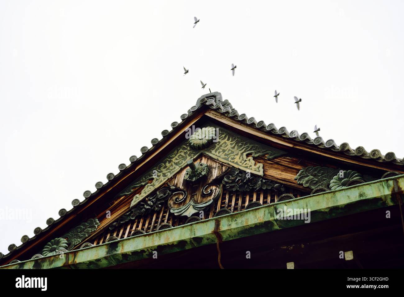 Im Winter schweben Vögel über einem kunstvollen Giebeldach der Burg Nijo Stockfoto