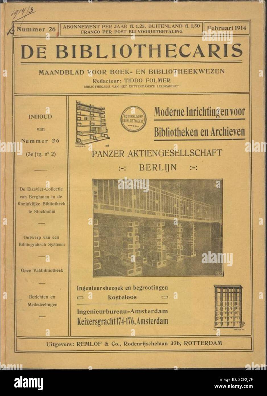 Das Cover der Zeitschrift „de Bibliothecaris“ vom Februar 1914 spiegelt die Entwicklungen im Bereich der Bibliotheks- und Informationswissenschaft im frühen 20. Jahrhundert in den Niederlanden wider. Stockfoto