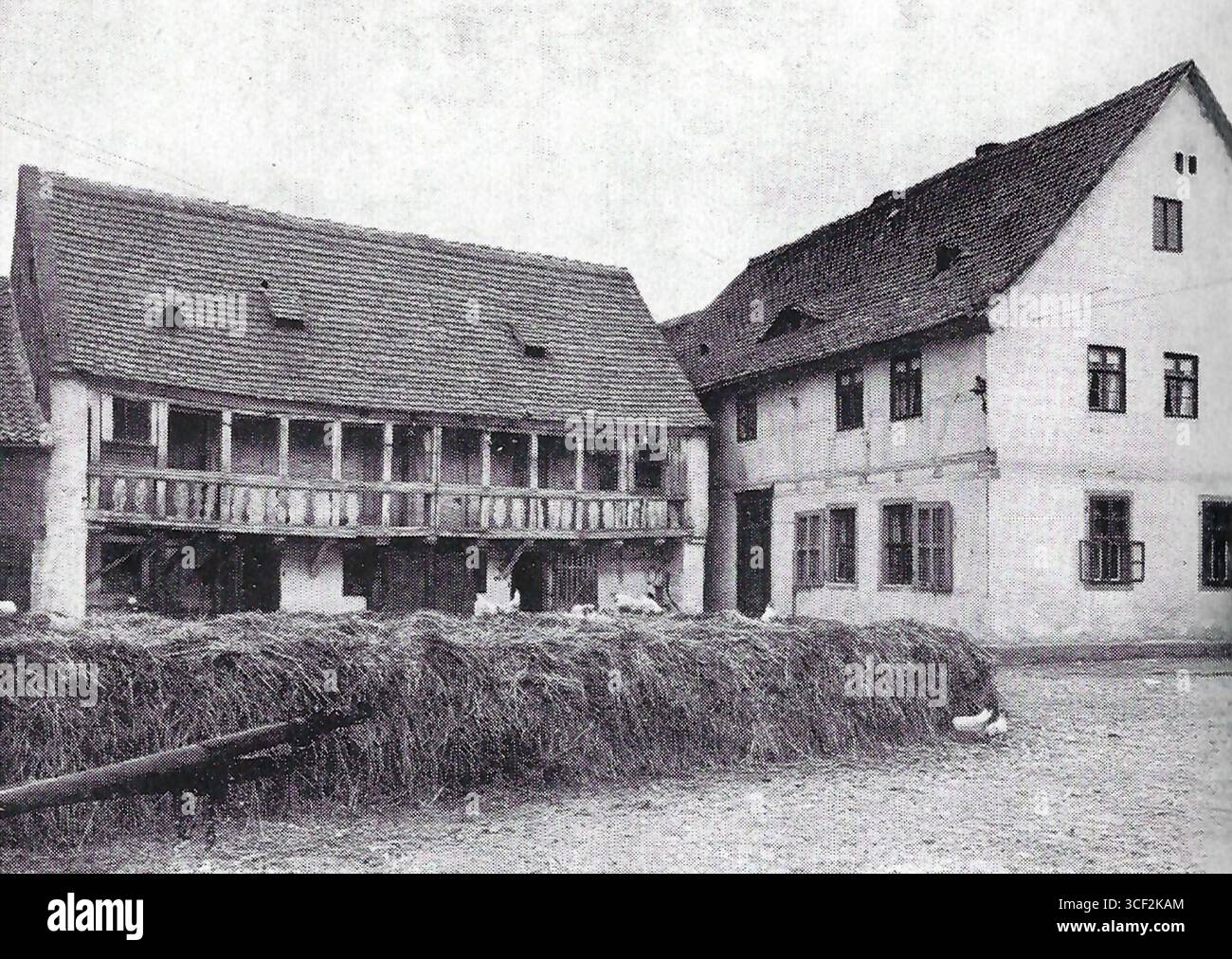 Ein Foto aus dem Jahr 1934 des alten Bauernhofes Albrecht Schulze in Alt Diesdorf 40, das das ländliche Leben und die bäuerliche Umgebung der damaligen Zeit einfängt. Stockfoto