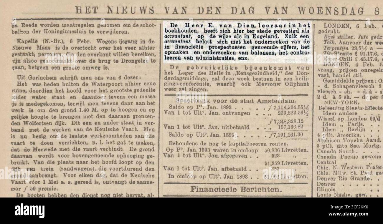 Ein artikel aus dem Jahr 1893 von "Het nieuws van den dag", in dem die Gründung von E. van Dien als Buchhalter angekündigt wird und in dem die berufliche Entwicklung im niederländischen Finanzsektor beschrieben wird. Stockfoto
