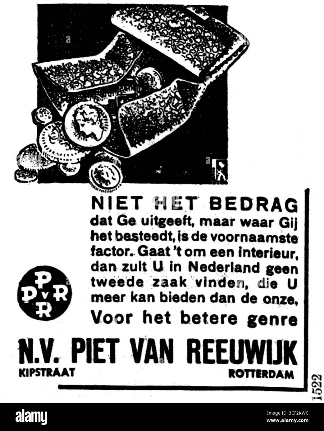 Eine Werbung für Piet van Reeuwijk erschien am 11. Mai 1936 in der Haagsche Courant. Dies spiegelt die lokale Geschäfts- und Kulturlandschaft der Haager Mitte der 1930er Jahre wider Stockfoto