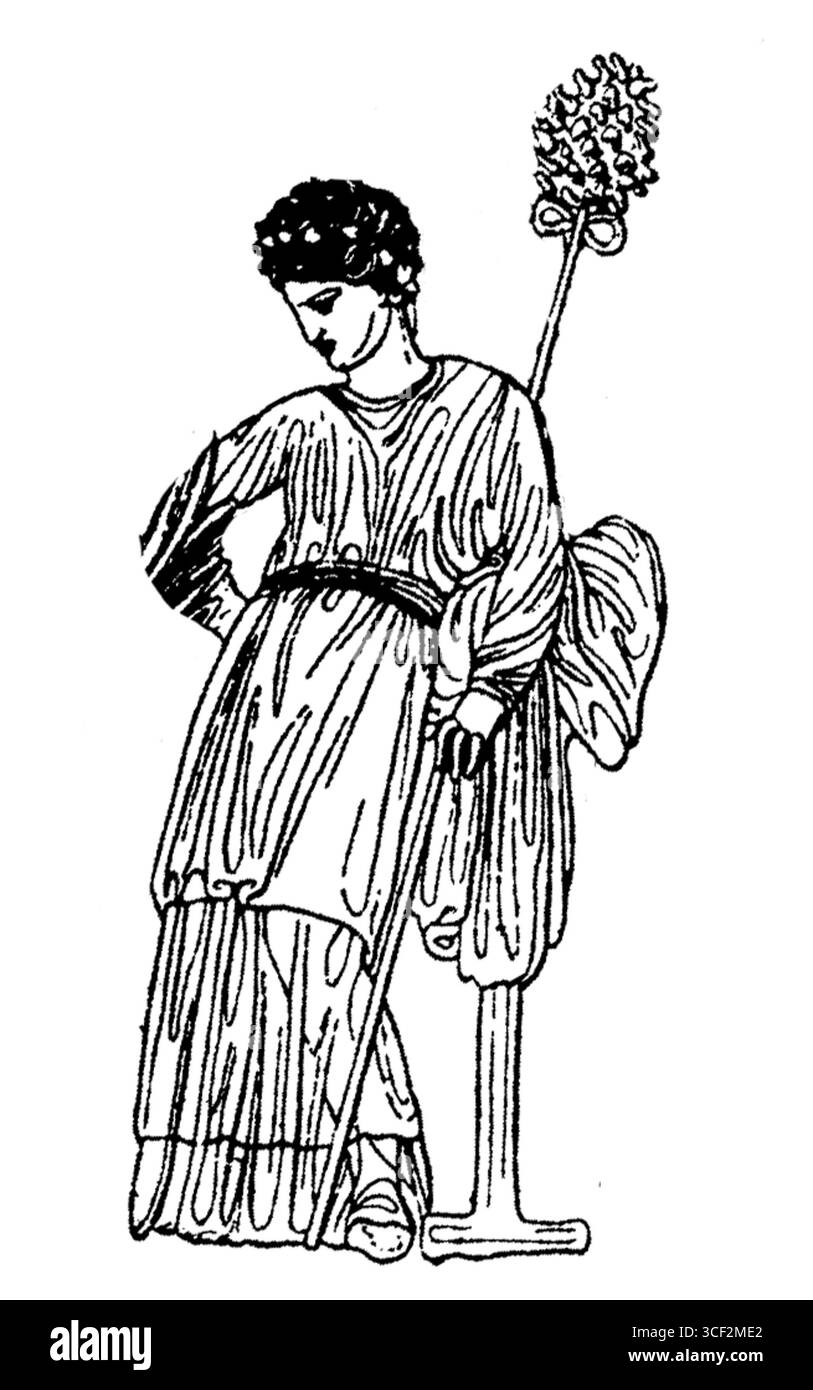 Detail aus einer Darstellung des Hierophanten, einer Schlüsselfigur in den Eleusinischen Mysterien, aus der antiken Vase Regina Vasorum, entdeckt in Cumae. Dieses Bild spiegelt altgriechische religiöse Praktiken und die Rolle des Hierophanten in heiligen Riten wider. Stockfoto