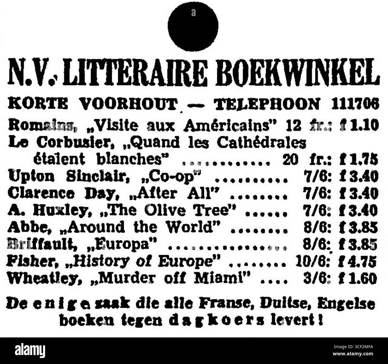 Diese Werbung aus der Ausgabe von Het Vaderland vom 1. Februar 1937 wirbt für N.V. Litteraire Boekwinkel, eine Buchhandlung, die eine Vielzahl literarischer Werke in den Niederlanden anbietet. Stockfoto