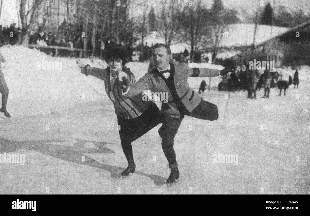 Hansi Eissert und Georg Pamperl werden 1922 gemeinsam im Eiskunstlauf gefangen. Das Bild spiegelt das Interesse der Ära an Wintersport und Eislaufkultur wider. Stockfoto