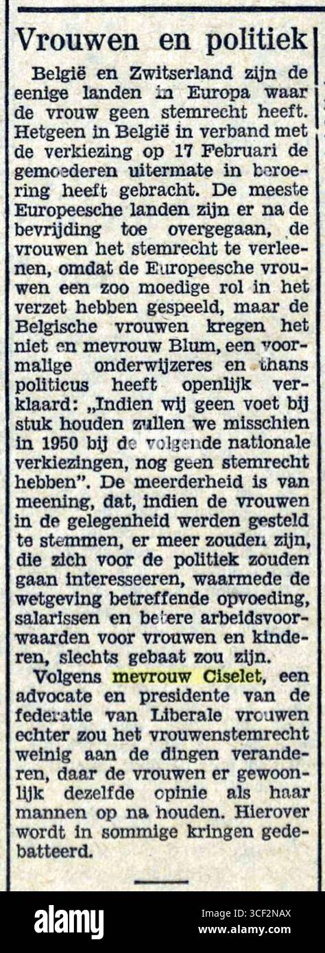 Dieser artikel von Het Parool vom 9. Februar 1946 behandelt Frauen in der Politik und hebt die Beiträge von Mrs. Blum und Mrs. Ciselet hervor. Stockfoto